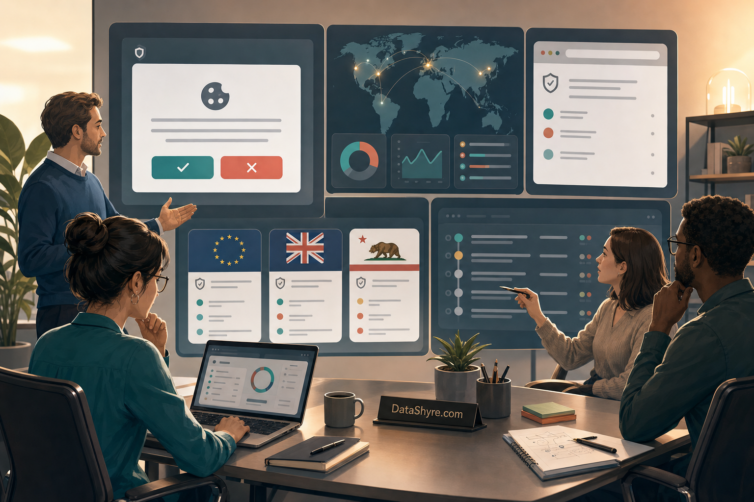 Editorial illustration showing a privacy team comparing consent software dashboards beside balanced banner choices, browser diagnostics, and subtle visible branding text DataShyre.com